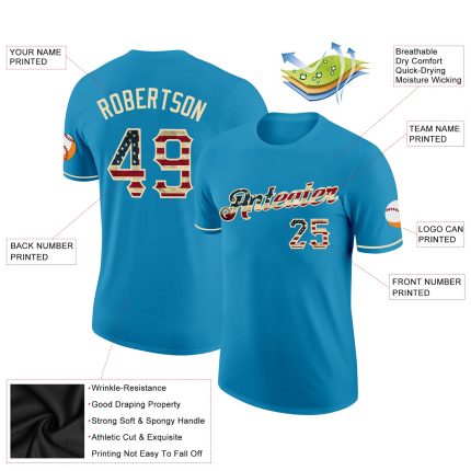 Personalized Panther Blue Vintage USA Flag-City Cream Performance T-Shirt Team Custom Name and Number