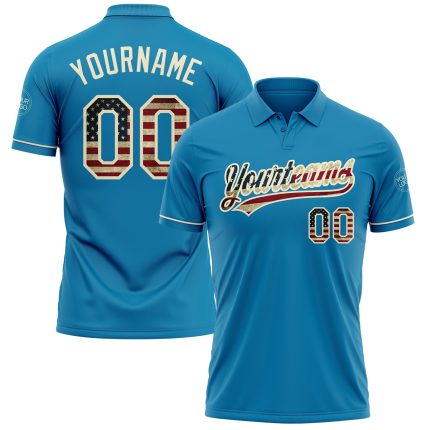 Personalized Panther Blue Vintage USA Flag-Cream Performance Vapor Golf Polo Shirt Team Custom Name and Number
