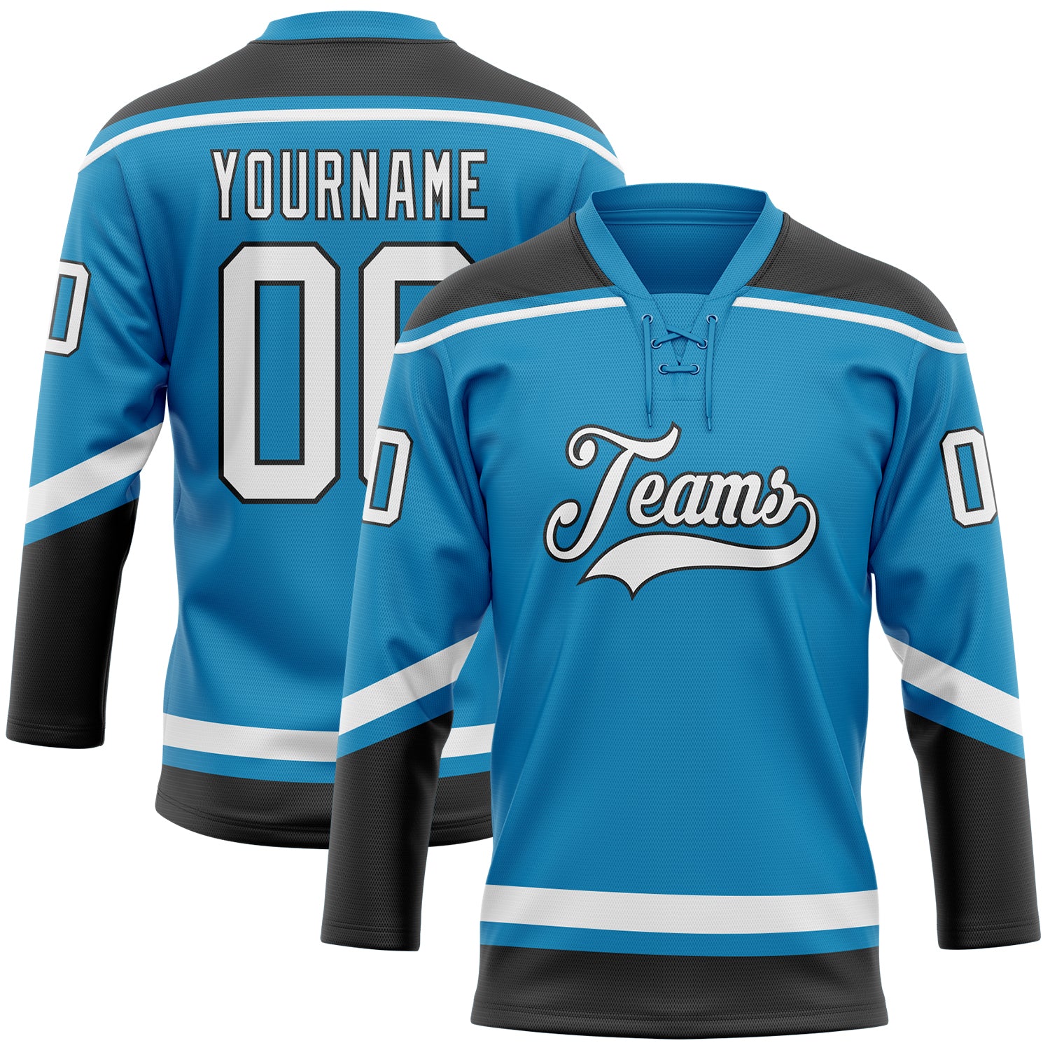 Personalized Panther Blue White-Black Hockey Lace Neck Jersey Team Custom Name and Number