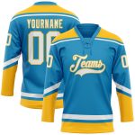 Personalized Panther Blue White-Gold Hockey Lace Neck Jersey Team Custom Name and Number