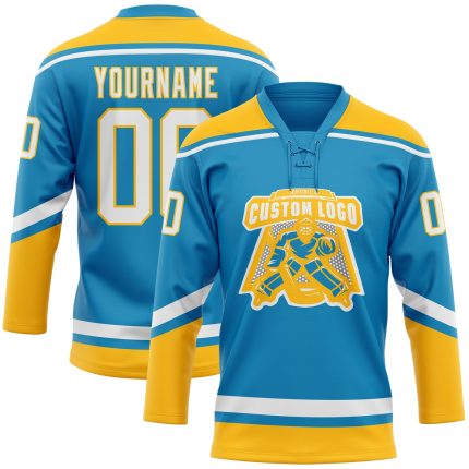 Personalized Panther Blue White-Gold Hockey Lace Neck Jersey Team Custom Name and Number