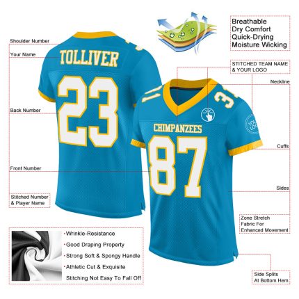 Personalized Panther Blue White-Gold Mesh Authentic Football Jersey