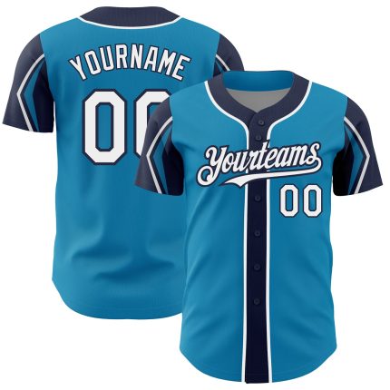 Personalized Panther Blue White-Navy 3 Colors Arm Shapes Authentic Baseball Jersey Team Custom Name and Number