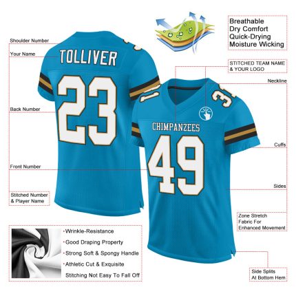 Personalized Panther Blue White-Old Gold Mesh Authentic Football Jersey Team Custom Name and Number