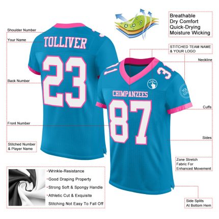 Personalized Panther Blue White-Pink Mesh Authentic Football Jersey Team Custom Name and Number