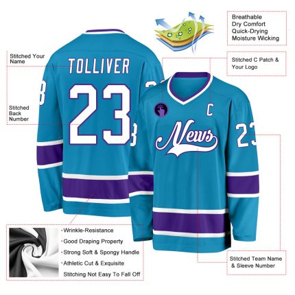 Personalized Panther Blue White-Purple Hockey Jersey Team Custom Name and Number