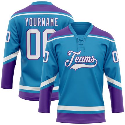 Personalized Panther Blue White-Purple Hockey Lace Neck Jersey Team Custom Name and Number