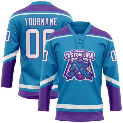 Personalized Panther Blue White-Purple Hockey Lace Neck Jersey Team Custom Name and Number