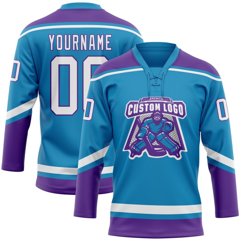 Personalized Panther Blue White-Purple Hockey Lace Neck Jersey Team Custom Name and Number
