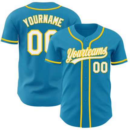 Personalized Panther Blue White-Yellow Authentic Baseball Jersey Team Custom Name and Number