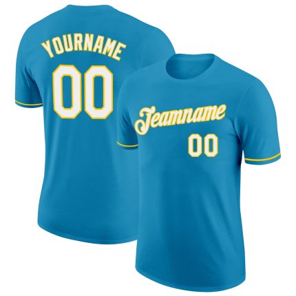 Personalized Panther Blue White-Yellow Performance T-Shirt Team Custom Name and Number
