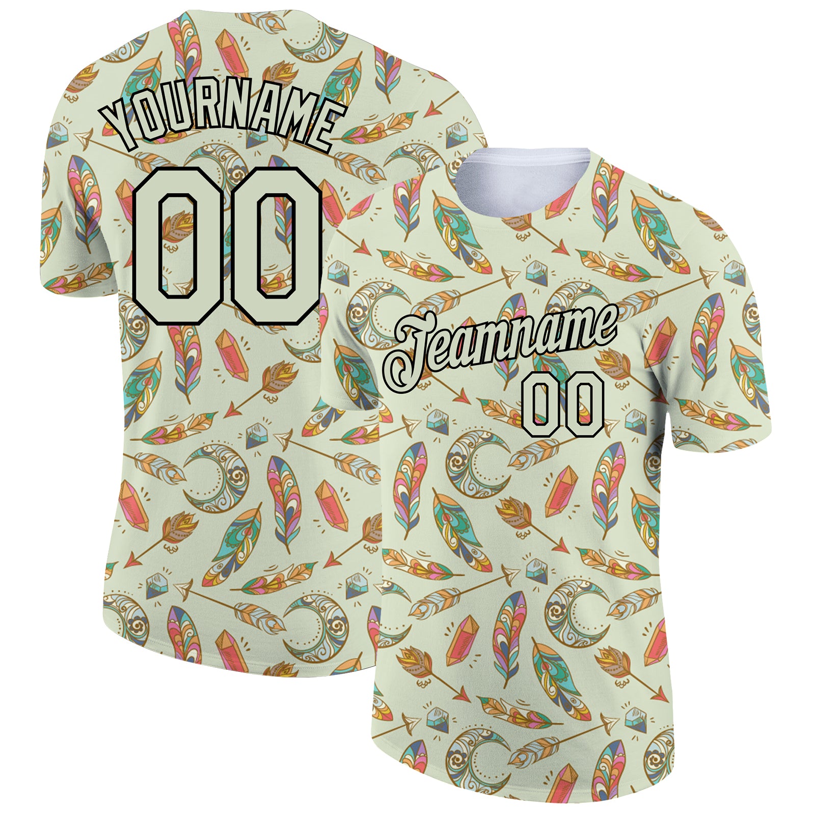 Personalized Pea Green Black 3D Pattern Design Boho Style Performance T-Shirt Team Custom Name and Number