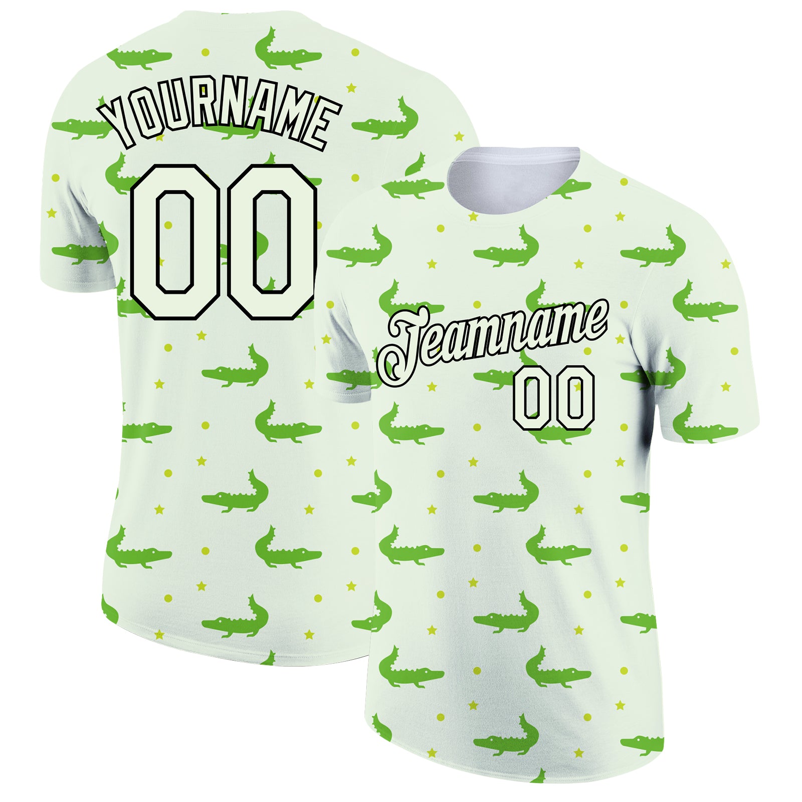 Personalized Pea Green Black 3D Pattern Design Crocodile Performance T-Shirt Team Custom Name and Number