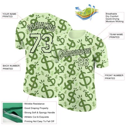 Personalized Pea Green Black 3D Pattern Design Dollar Sign Money Theme Performance T-Shirt Team Custom Name and Number