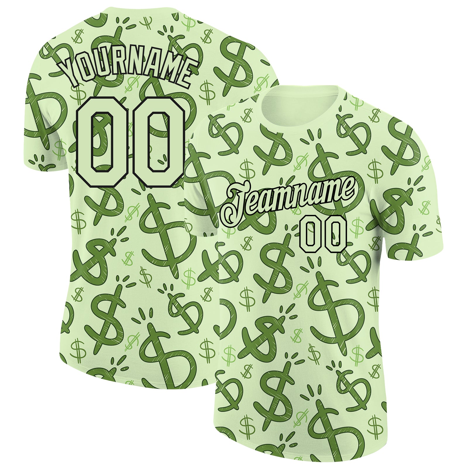 Personalized Pea Green Black 3D Pattern Design Dollar Sign Money Theme Performance T-Shirt Team Custom Name and Number