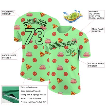 Personalized Pea Green Black 3D Pattern Design Food Pizza And Burger Performance T-Shirt Team Custom Name and Number