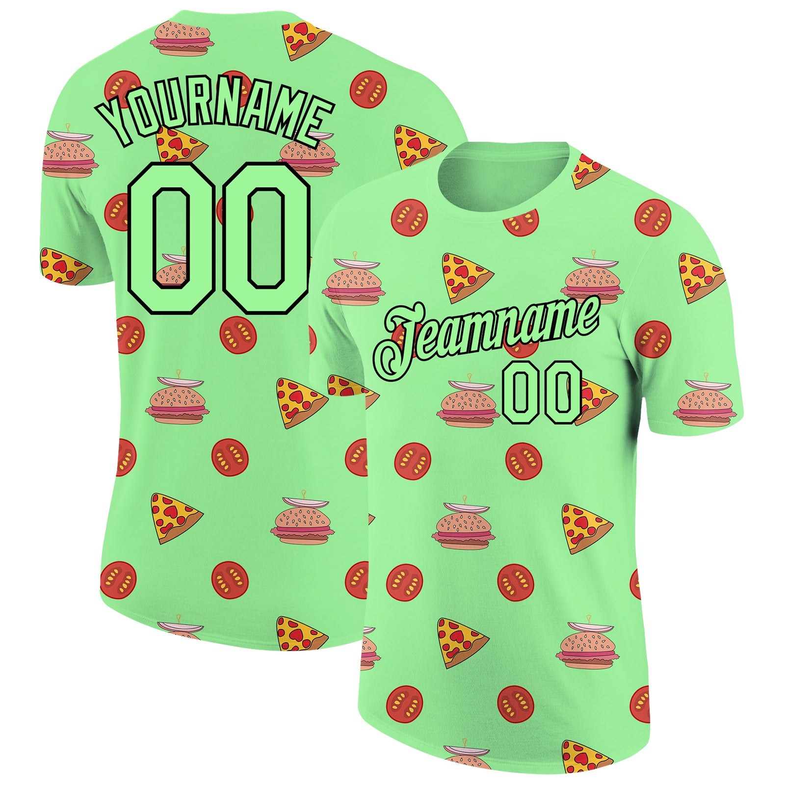 Personalized Pea Green Black 3D Pattern Design Food Pizza And Burger Performance T-Shirt Team Custom Name and Number