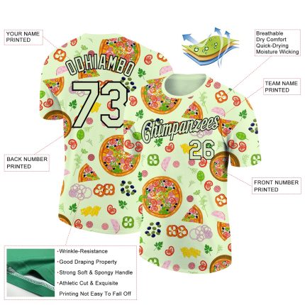 Personalized Pea Green Black 3D Pattern Design Food Pizza Performance T-Shirt Team Custom Name and Number