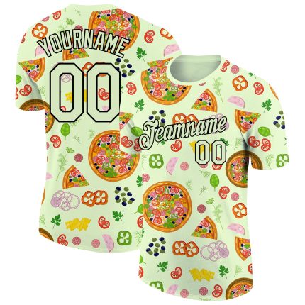 Personalized Pea Green Black 3D Pattern Design Food Pizza Performance T-Shirt Team Custom Name and Number