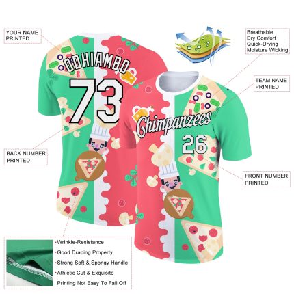 Personalized Pea Green Black-Pink 3D Pattern Design Food Pizza Performance T-Shirt Team Custom Name and Number