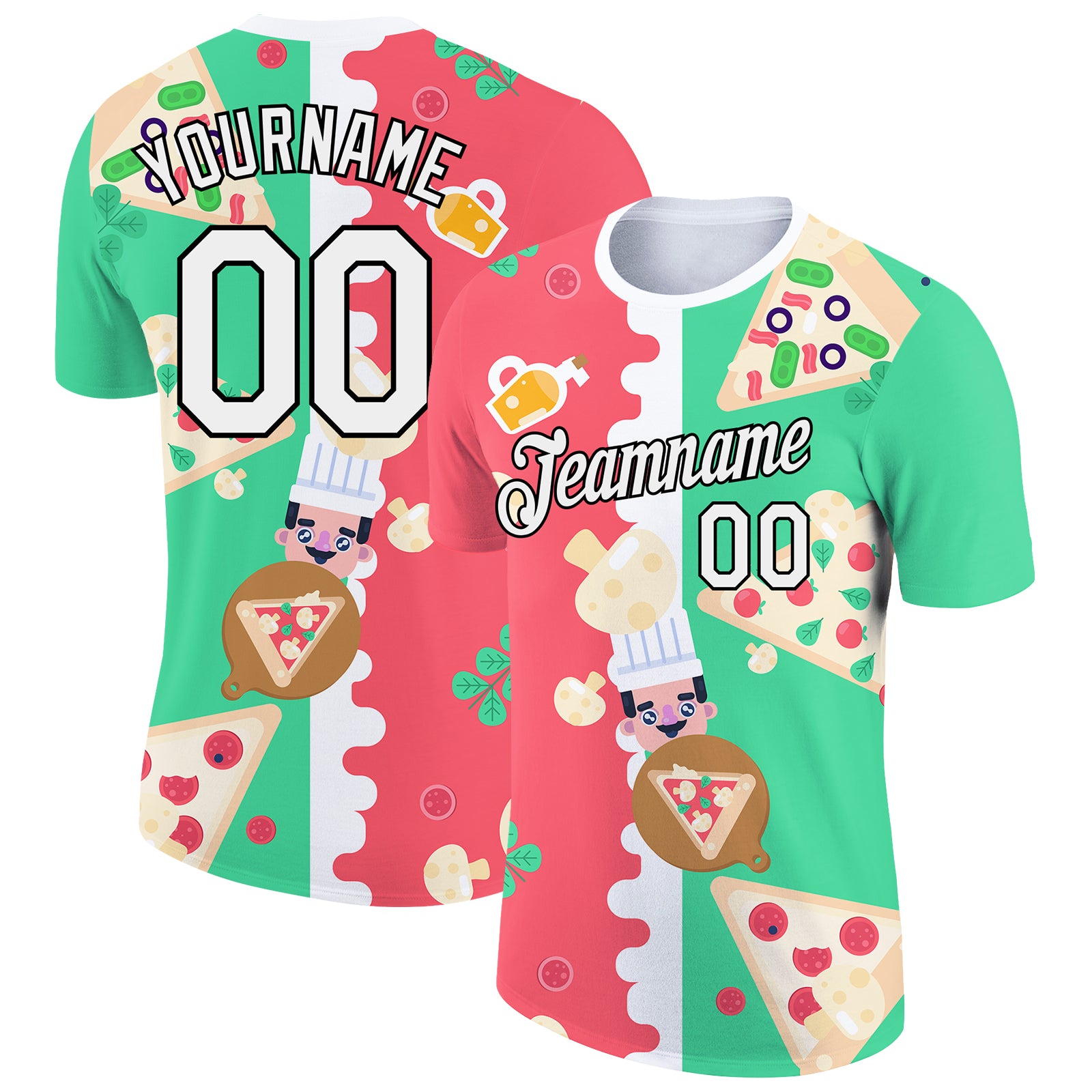 Personalized Pea Green Black-Pink 3D Pattern Design Food Pizza Performance T-Shirt Team Custom Name and Number