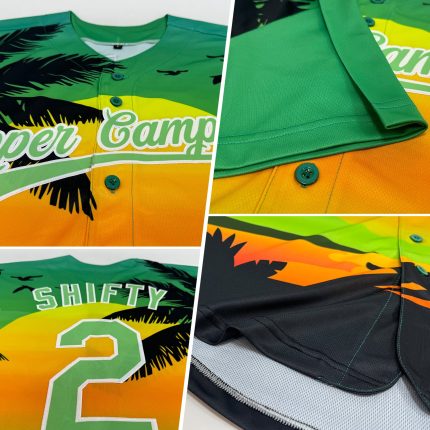 Personalized Pea Green Black-White 3D Pattern Design Hawaii Palm Trees And Beach Sunset Authentic Baseball Jersey Team Custom Name and Number