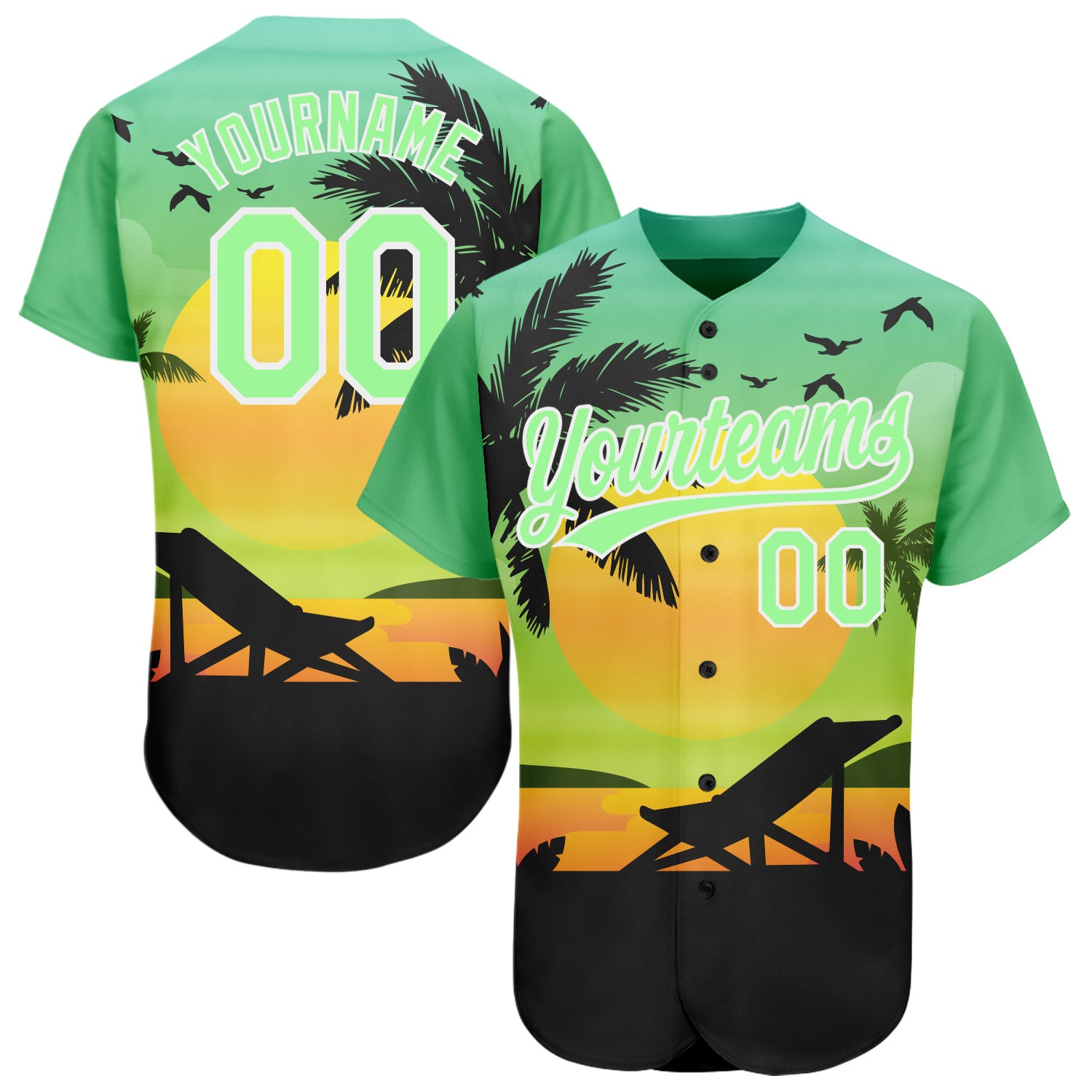 Personalized Pea Green Black-White 3D Pattern Design Hawaii Palm Trees And Beach Sunset Authentic Baseball Jersey Team Custom Name and Number