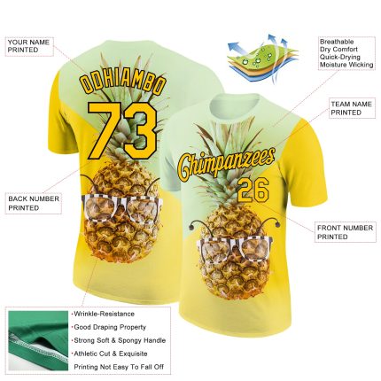 Personalized Pea Green Gold-Black 3D Pattern Design Hawaii Style Pineapple Performance T-Shirt Team Custom Name and Number