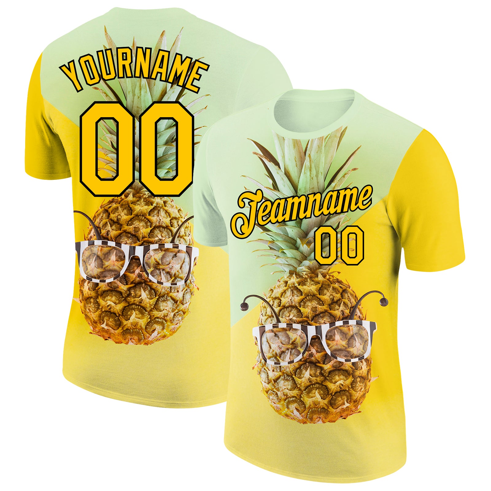 Personalized Pea Green Gold-Black 3D Pattern Design Hawaii Style Pineapple Performance T-Shirt Team Custom Name and Number