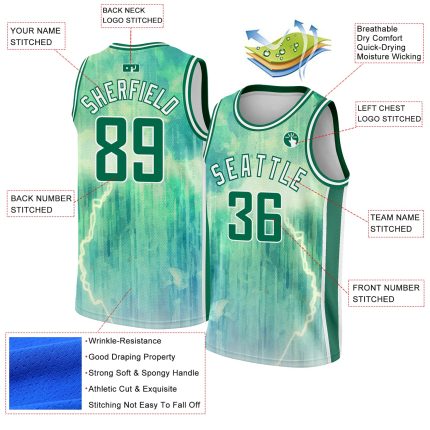 Personalized Pea Green Kelly Green-White Abstract Watercolor Monsoon Authentic City Edition Basketball Jersey Team Custom Name and Number