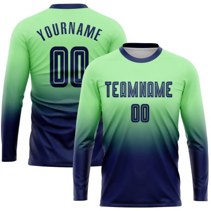 Personalized Pea Green Navy Sublimation Long Sleeve Fade Fashion Soccer Uniform Jersey Team Custom Name and Number