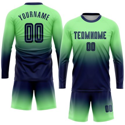 Personalized Pea Green Navy Sublimation Long Sleeve Fade Fashion Soccer Uniform Jersey Team Custom Name and Number