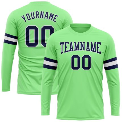 Personalized Pea Green Navy-White Long Sleeve Performance T-Shirt Team Custom Name and Number