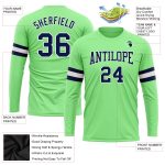Personalized Pea Green Navy-White Long Sleeve Performance T-Shirt Team Custom Name and Number