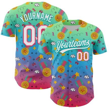 Personalized Pea Green Neon Pink Aqua-Sky Blue 3D Pattern Design Champion Medal Authentic Baseball Jersey Team Custom Name and Number