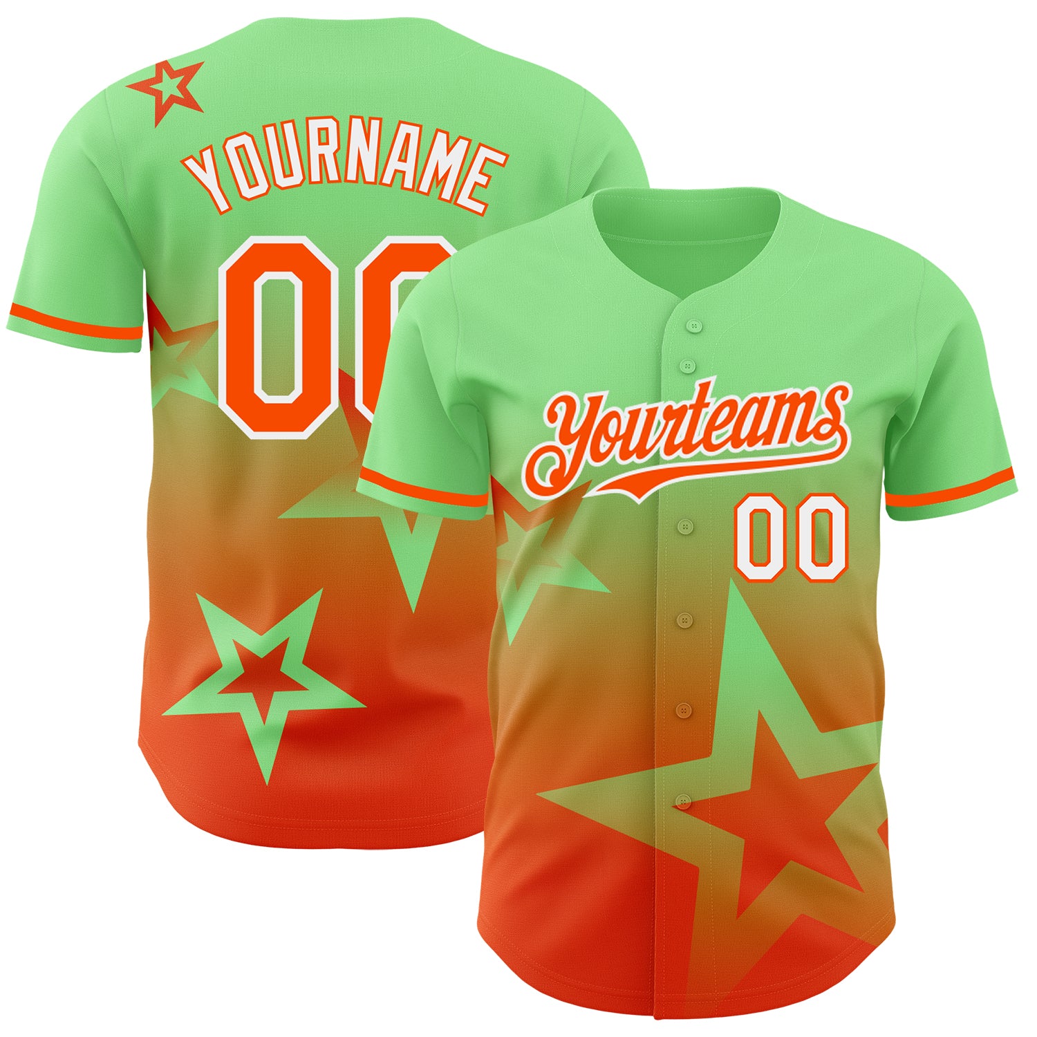 Personalized Pea Green Orange-White 3D Pattern Design Gradient Style Twinkle Star Authentic Baseball Jersey Team Custom Name and Number