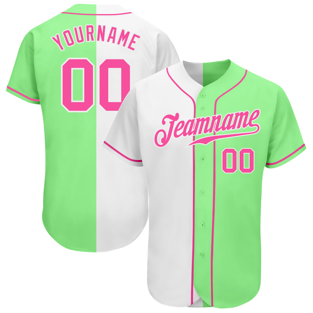 Personalized Pea Green Pink-White Authentic Split Fashion Baseball Jersey Team Custom Name and Number