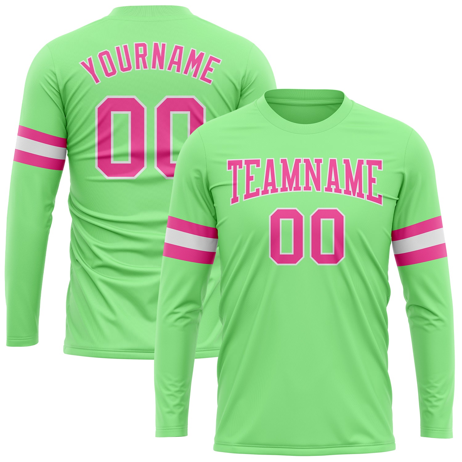 Personalized Pea Green Pink-White Long Sleeve Performance T-Shirt Team Custom Name and Number