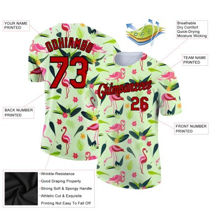 Personalized Pea Green Red-Black 3D Pattern Design Tropical Hawaii Flamingo Performance T-Shirt Team Custom Name and Number