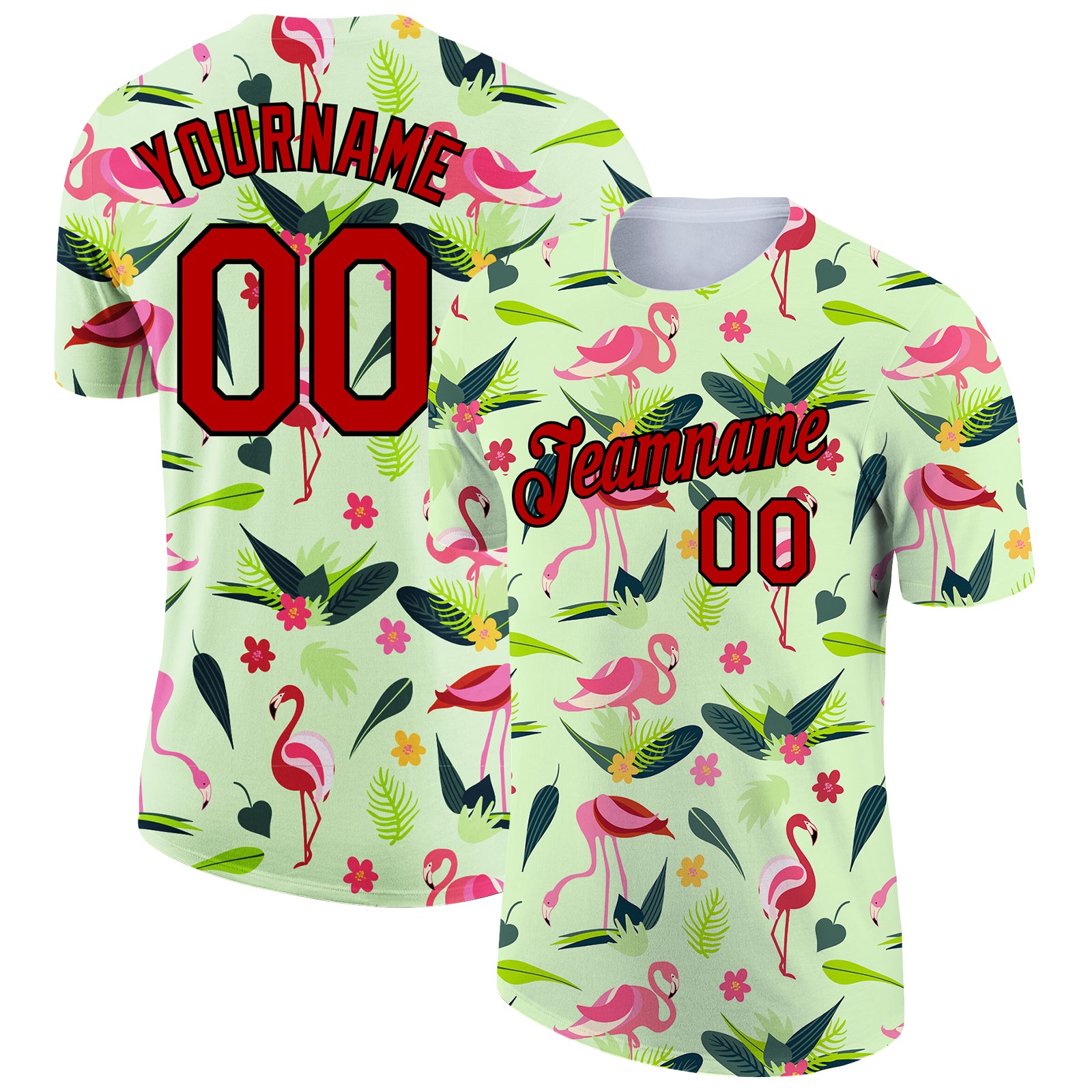 Personalized Pea Green Red-Black 3D Pattern Design Tropical Hawaii Flamingo Performance T-Shirt Team Custom Name and Number