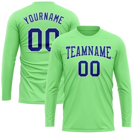 Personalized Pea Green Royal-White Long Sleeve Performance T-Shirt Team Custom Name and Number