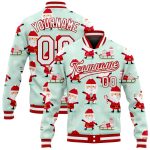 Personalized Pea Green White-Red Christmas 3D Bomber Full-Snap Varsity Letterman Jacket Team Custom Name and Number