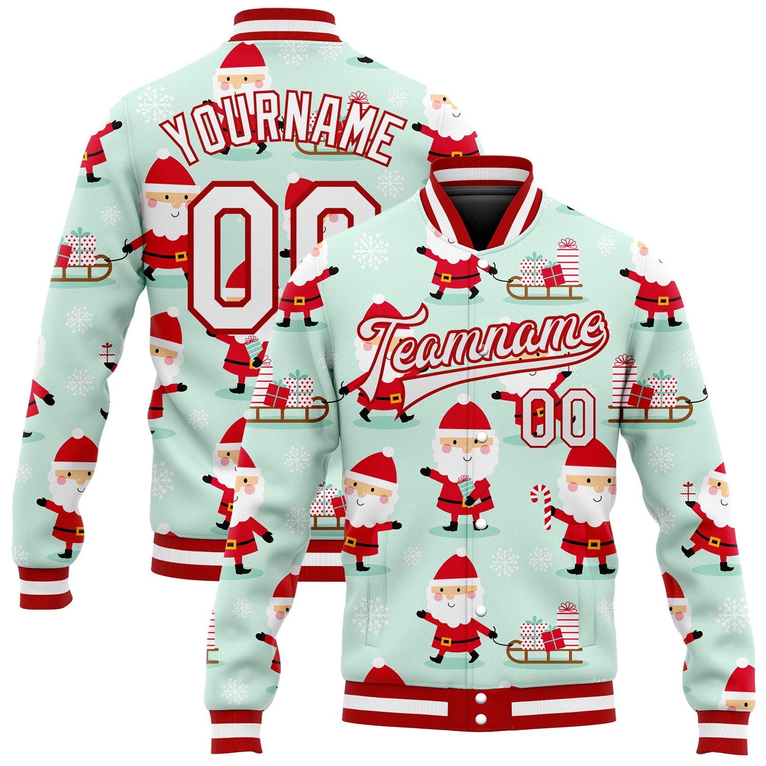 Personalized Pea Green White-Red Christmas 3D Bomber Full-Snap Varsity Letterman Jacket Team Custom Name and Number