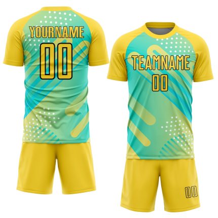 Personalized Pea Green Yellow-Black Abstract Shapes Sublimation Soccer Uniform Jersey Team Custom Name and Number
