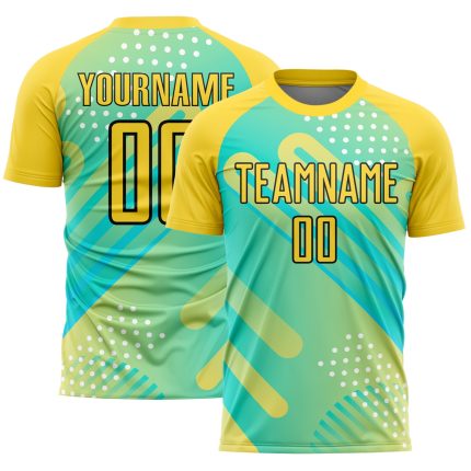 Personalized Pea Green Yellow-Black Abstract Shapes Sublimation Soccer Uniform Jersey Team Custom Name and Number