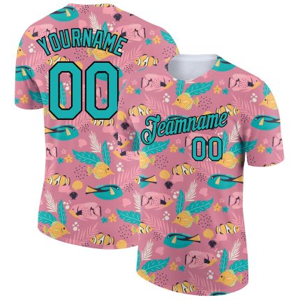 Personalized Pink Aqua-Black 3D Pattern Design Summer Holiday Fish Performance T-Shirt Team Custom Name and Number