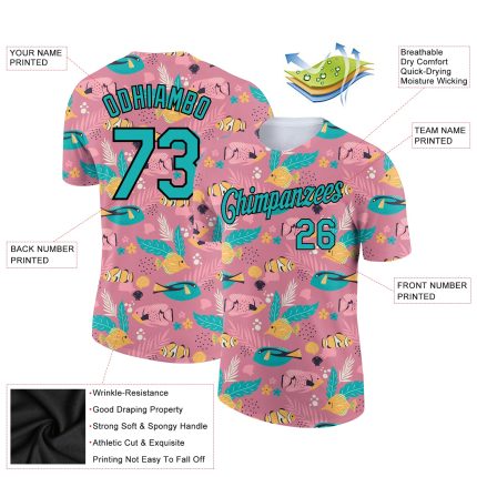 Personalized Pink Aqua-Black 3D Pattern Design Summer Holiday Fish Performance T-Shirt Team Custom Name and Number