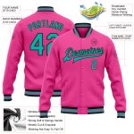 Personalized Pink Aqua-Black Bomber Full-Snap Varsity Letterman Jacket Team Custom Name and Number