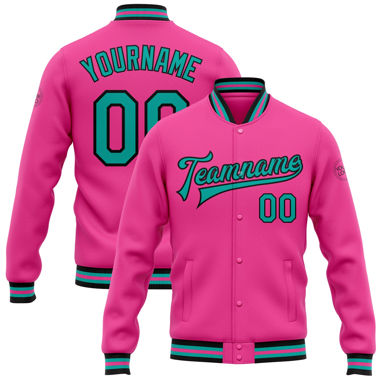 Personalized Pink Aqua-Black Bomber Full-Snap Varsity Letterman Jacket Team Custom Name and Number