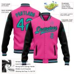 Personalized Pink Aqua-Black Bomber Full-Snap Varsity Letterman Two Tone Jacket Team Custom Name and Number